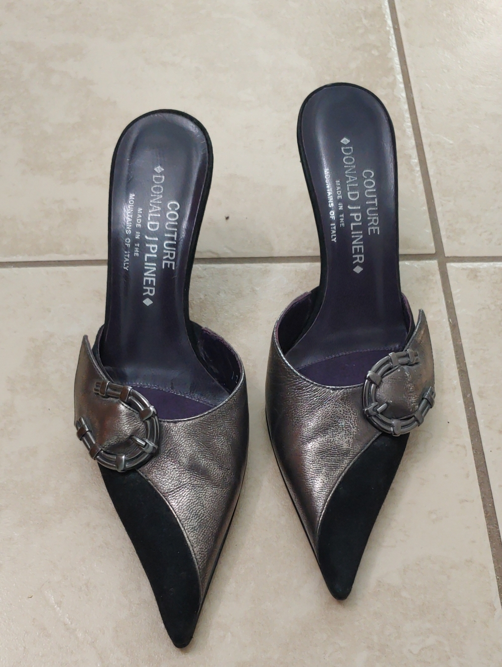 Donald J. Pliner Mule High Heels Black Suede Metallic Pewter Buckle Size 7